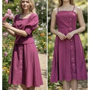 Vintage Janet Russo Nantucket 2pc dress set Cotton purple button down READ